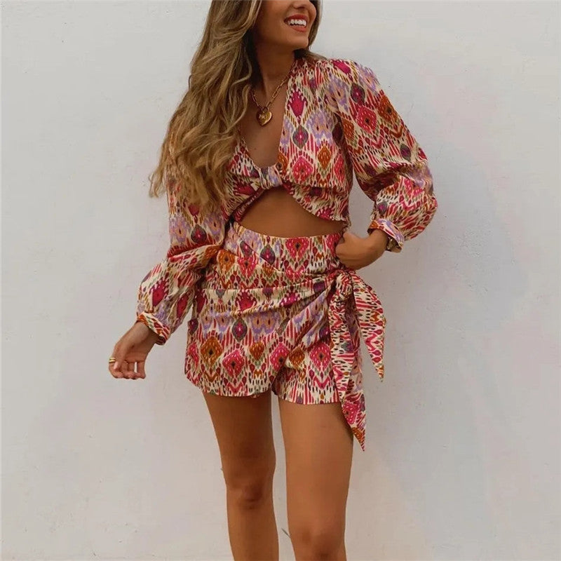 Belizean Print Crop Blouse and Wrap Skirt Shorts Set